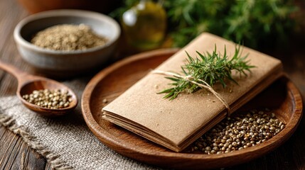 Hemp Seeds and Oil on Wooden Plate with Plant