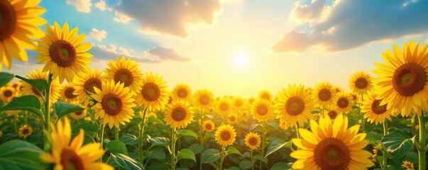 Obraz premium A vibrant sun shines on a field of sunflowers, creating a joyful and uplifting scene Perfect for illustrating themes of optimism, joy, and summer happiness , optimistic, tranquility