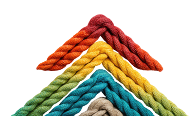 Rainbow-colored braided ropes forming an upward-pointing triangle against a black background