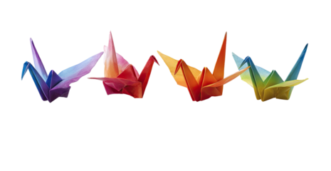 Colorful origami cranes in a horizontal row