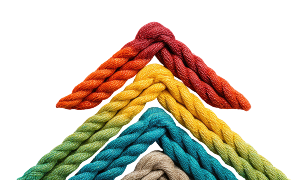 Rainbow-colored braided ropes forming an upward-pointing triangle against a black background