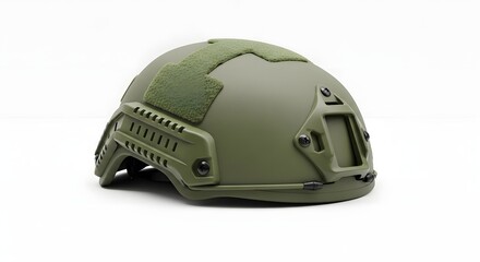 Fototapeta premium A close up shot of a green tactical helmet with velcro and rails on a white background studio shot