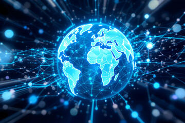 Fototapeta premium Glowing blue digital earth globe with interconnected lines and bright lights representing global data network and technology