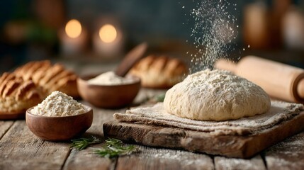 Fototapeta premium Flour-dusted dough resting on rustic wooden surface, surrounded by rosemary and baking ingredients, evoking warm kitchen ambiance