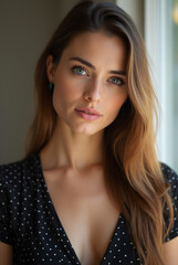 Beautiful woman with long hair posed indoors by a window