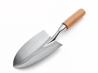 Fototapeta premium Metal Shovel With Wooden Handle. A Study in Form and Texture, Clean, White Backdrop.