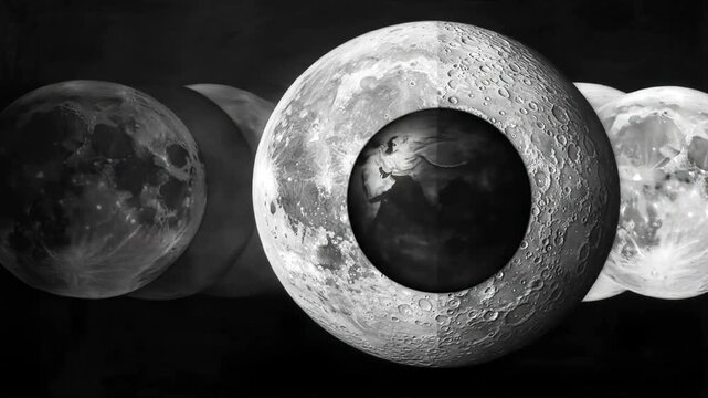 A grayscale illustration of the phases of the moon, showcasing the lunar cycle.