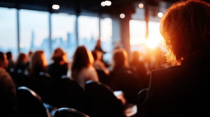 Audience Attending Conference with Sunset View Over City Skyline in Background