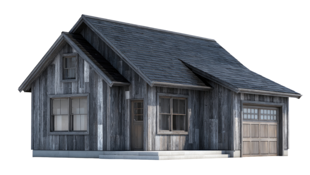 Rustic, gray-toned small house with wood siding, a pitched roof, and a garage
