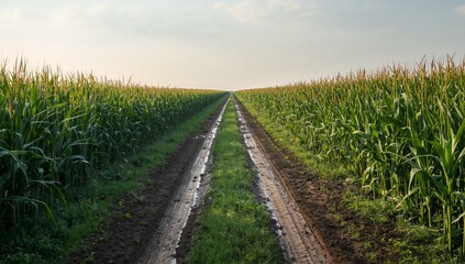 Obraz premium Pathway Through Verdant Fields An agricultural expanse under a pale sky.