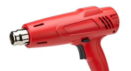 Close up of a red heat gun with a silver nozzle and black trigger on a white background surface