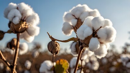 Close up of fluffy white cotton bolls on stalks in a field under a blue sky