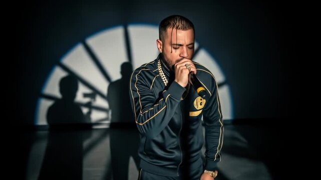 Close-up of a rapper performing on stage, spotlight on him, shadows of crew, microphone