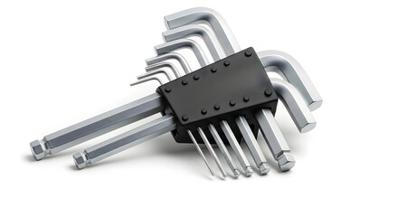 A set of silver allen wrenches held together with a black holder on a white background in a studio shot