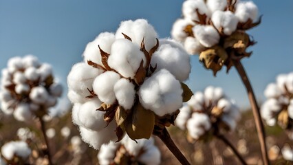 Close up of fluffy white cotton bolls growing on a plant in a field under a clear blue sky