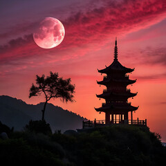 Serene Sunset: Pink Moon & Pagoda Silhouette - Asian Landscape Photography