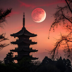 Serene Pagoda Silhouette at Sunset with Blood Moon