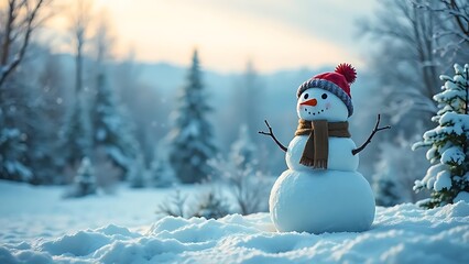 Cute Snowman with Red Scarf and Santa Hat in Snowy Winter Forest at Christmas