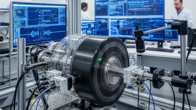 Vibrational analysis equipment attached to a spinning flywheel energy rotor within a modern testing facility.