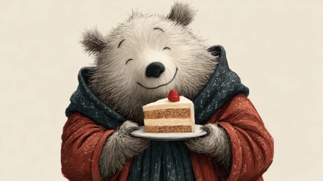 Cute bear holds plate slice of cake topped raspberry berry, smiling. Cozy red blue outfit, charm. Art illustration, joy, birthday celebration, sweetness. Children kid art, postcard design. Post card.