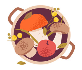 Autumn harvest with mushrooms, apples and basket. Cozy fall forest set featuring edible plants and organic produce. Flat vector illustration for nature, farming and sustainability.