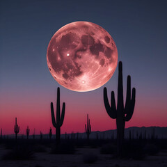 Pink Supermoon over Sonoran Desert: Giant Cactus Silhouette Landscape Photography