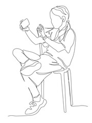 Girl sitting on chair and using mobile phone. Continuous line drawing. Black and white vector illustration in line art style.