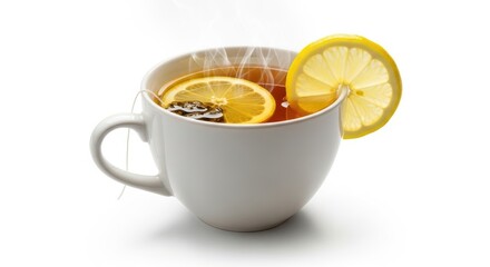 Invigorating cup of lemon tea with aromatic steam on a white backdrop