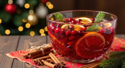 Festive Holiday Cranberry Orange Punch Bowl with Cinnamon Sticks