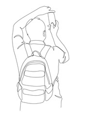 Man tourist with backpack taking vertical picture with mobile phone. Back view. Continuous line drawing. Black and white vector illustration in line art style.
