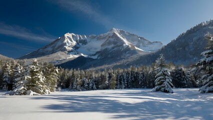 Obraz premium Majestic snow covered mountains and pine forest under a clear blue sky