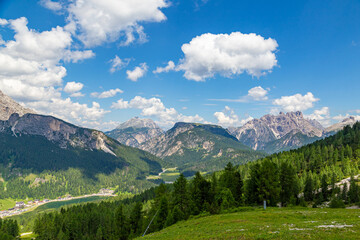 Aerial Dolomites landscape surrounding Lake Misurina