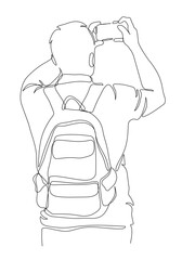 Man with backpack taking picture with mobile phone. Back view. Cropped. Continuous line drawing. Black and white vector illustration in line art style.
