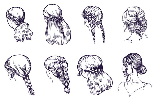 Woman hairstyle portrait set backward doodle