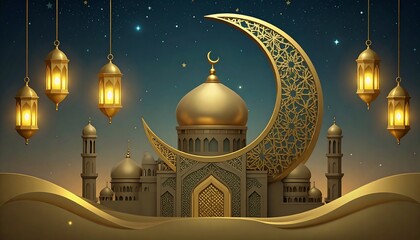 Golden mosque under a crescent moon, lit by lanterns