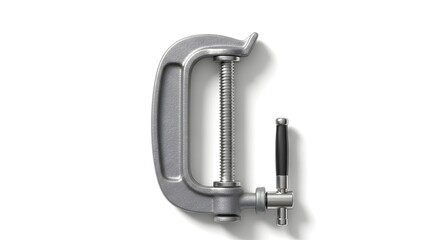 A silver metal c clamp tool with a black handle on a white background in studio lighting tool shot