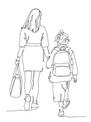 Woman with child girl with backpack commuting to school. Back view. Continuous line drawing. Black and white vector in line art style.