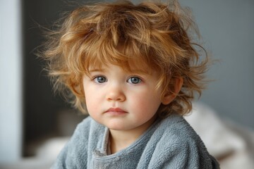 Cute baby with fluffy hair gazing thoughtfully in a cozy indoor setting during daytime
