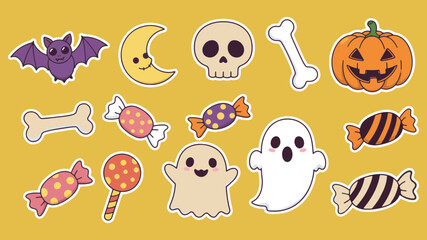 Cute Halloween Stickers – Ghosts, Pumpkins, Candy, Bats, Skulls & Bones.