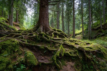 Wide panorama view showcasing the intricate roots of an ancient fir tree nestled in a lush green forest during daylight