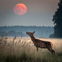 Majestic Deer Gazing at a Crimson Moon: A Breathtaking Wildlife Scene
