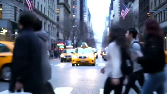 Yellow taxi cabs drive down a busy new york city street with pedestrians crossing and american flags flying overhead on a cloudy day