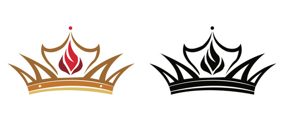 Elegant crown logo design in gold and black with flame symbol on white background 
