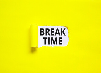 Break time symbol. Concept word Break time on beautiful white paper. Beautiful yellow paper background. Business break time concept. Copy space.