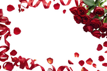 Red rose petals frame a bouquet