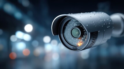Security Camera with Water Droplets, Surveillance and Protection Concept