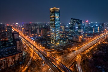 Fototapeta premium The city of at night, with the backdrop of high-rise buildings and busy traffic,