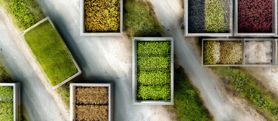 Vibrant seedling varieties sprouting densely in nursery trays, displaying emerging leaves and contrasting green hues from overhead perspective