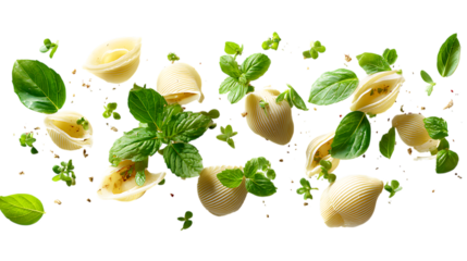 Fresh herbs and pasta shells floating on white background. 