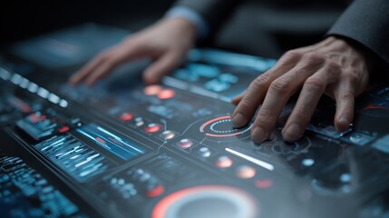 Hands interacting with futuristic interface